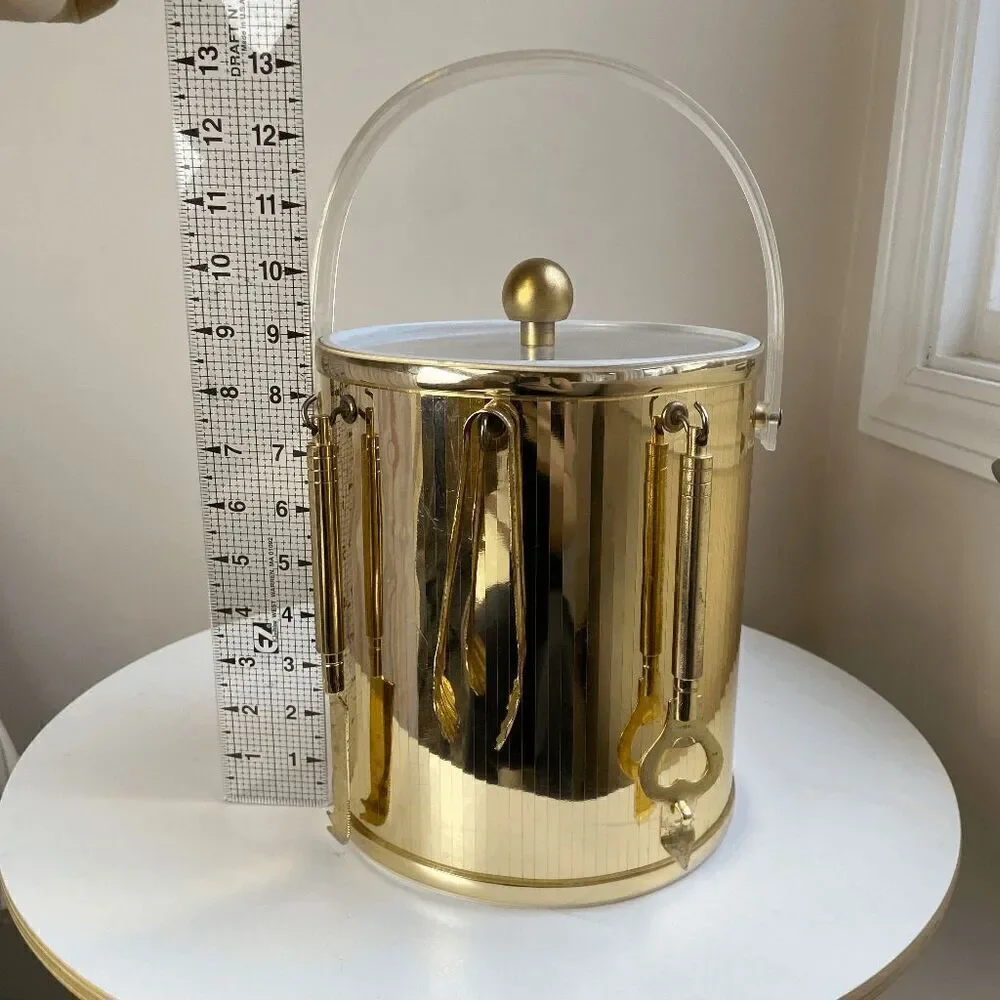 Vintage 1970s Metallic Gold Ice Bucket Clear Lucite Handle with Bar Utensils Bar